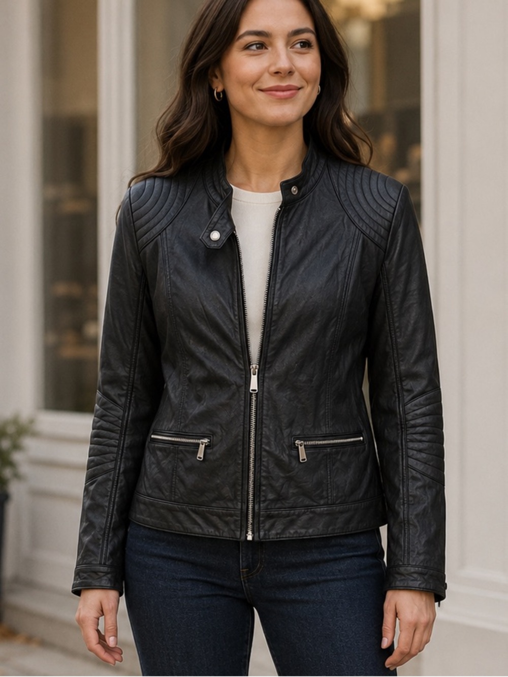 Wilsons Leather Black Genuine Leather Quilted Moto Jacket Women’s L